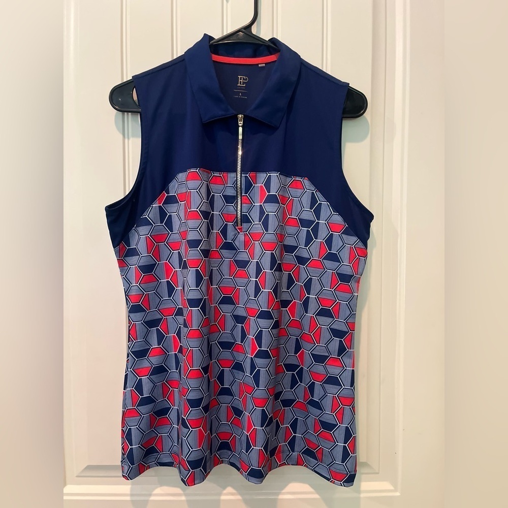 EP NY Shirt Ladies Sz Large EUC Navy Red Active Golf Pickleball Tennis  Gold Zip